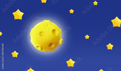 Full moon with stars on blue sky, Yellow 3d moon shining Vector illustration