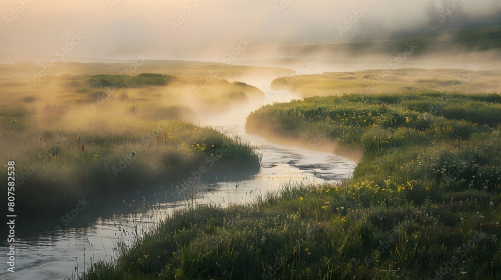 Landscape of a meadow with a river covered in fog in the morning