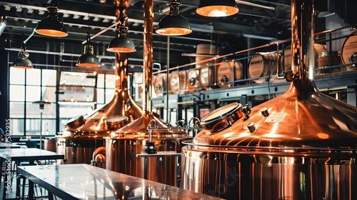 interior inside modern beer bar at a craft brewery with wooden tanks barrel for beer production
