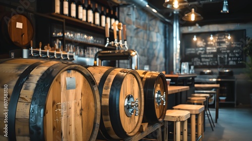 interior inside modern beer bar at a craft brewery with wooden tanks barrel for beer production