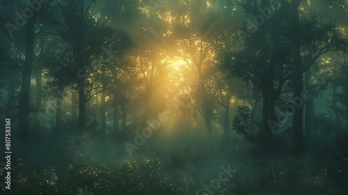 trees of a lush forest  casting a golden glow across the verdant canopy and illuminating the forest floor