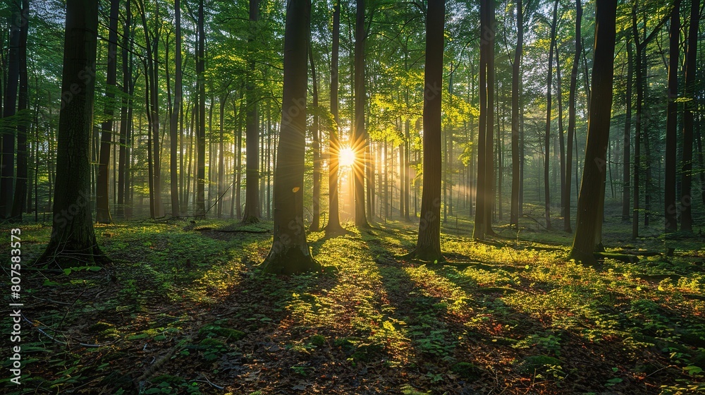 Fototapeta premium forest coming to life at dawn, with the first light of sunrise filtering through the trees 