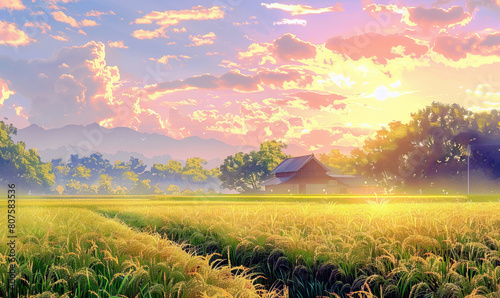 A serene sunset behind mountains with a house amidst vibrant green fields. Generate AI