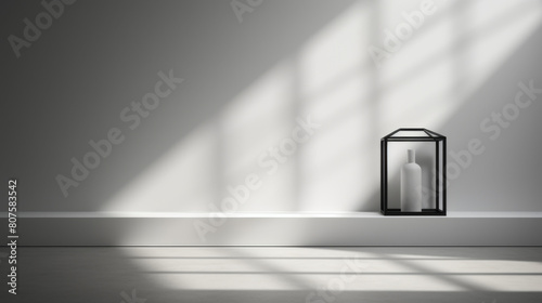 A white vase sits on a shelf in a room with a window