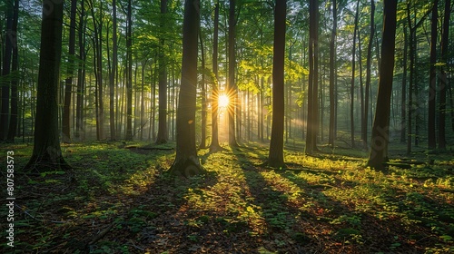 forest coming to life at dawn, with the first light of sunrise filtering through the trees 