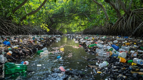 Plastic Entry Points  Image showing streams or rivers carrying plastic waste into a mangrove forest  highlighting how pollutants enter these ecosystems.