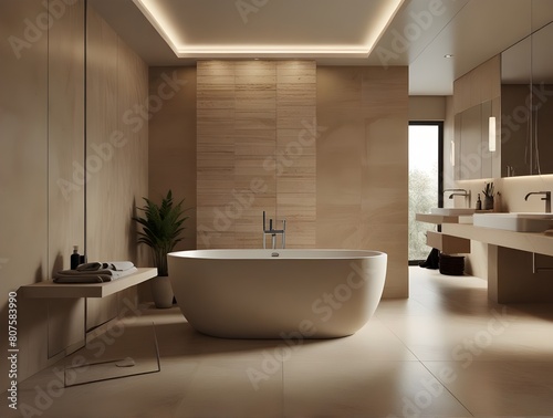 Beige bathroom interior with tub