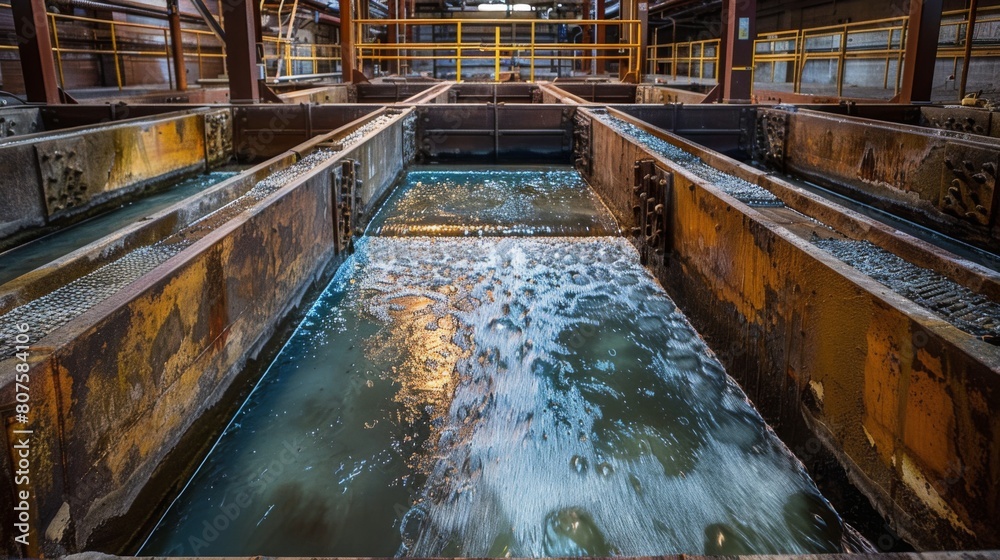 Preliminary Treatment, Wide shot of screens and grit removal systems at a wastewater treatment plant, removing large solids Preliminary Treatment, Wide shot of screens and grit removal systems at a wastewater treatment plant, removing large solids