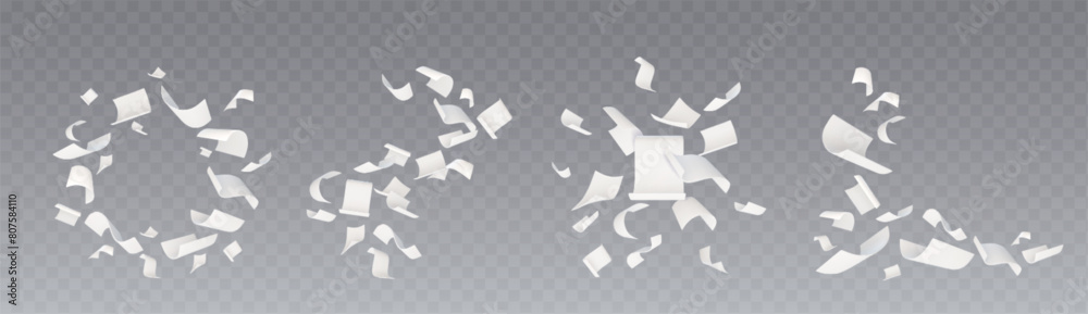 3d fly paper sheet. White document fall vector. Isolated realistic letter for note flight on wind on transparent background. Blank paperwork falling mockup set. Clear report scattered with curl corner