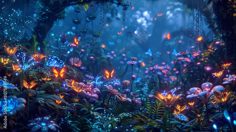  a magical forest with blue light shining through the trees. There are many different types of plants and flowers in the forest, and there are butterflies and birds flying around.