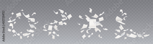 3d fly paper sheet. White document fall vector. Isolated realistic letter for note flight on wind on transparent background. Blank paperwork falling mockup set. Clear report scattered with curl corner