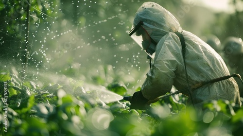 Wallpaper Mural young man wearing a protective mask and gloves, spraying pesticides in a vast vegetable field, with water droplets creating a hazy atmosphere,  Torontodigital.ca