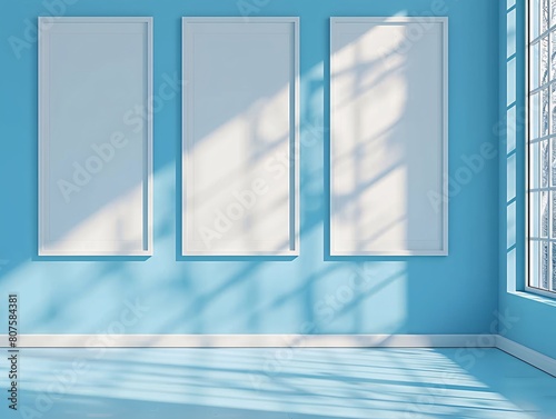 a blue wall with white frames