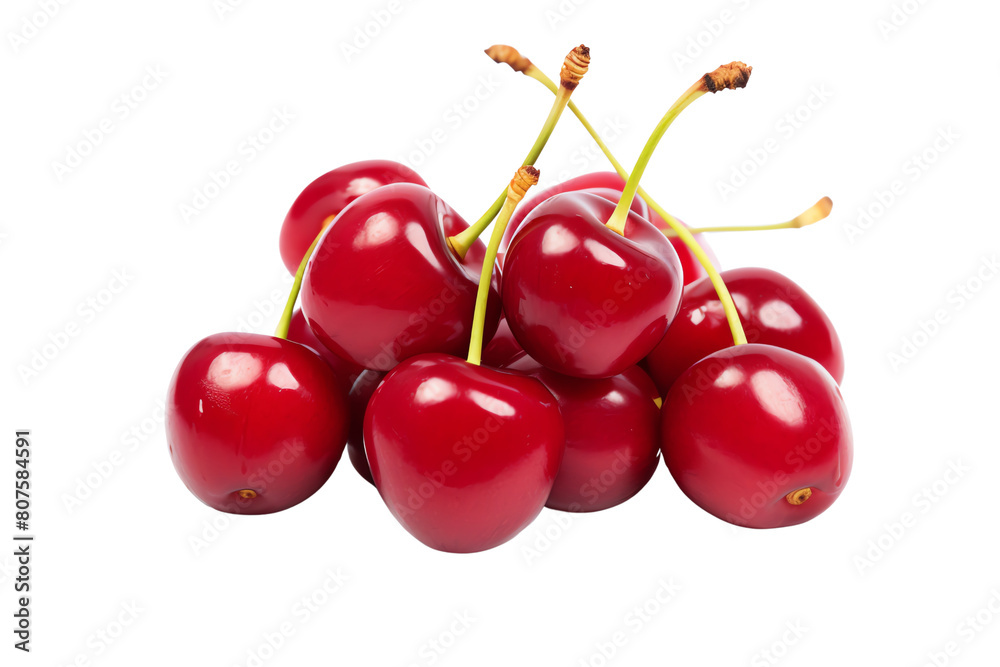 A photo of a handful of red cherries with stems. The cherries are ripe and juicy, and they look delicious.