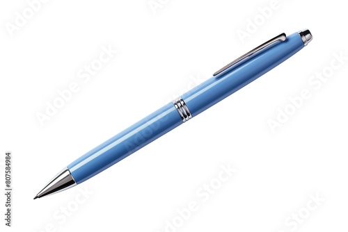 This is a blue metal pen with shiny chrome accents. It has a smooth, sleek design and is perfect for everyday use. photo