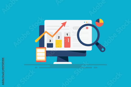 SEO ranking analytics, website performance based on keyword position, web traffic growth arrow data monitoring conceptual vector illustration.