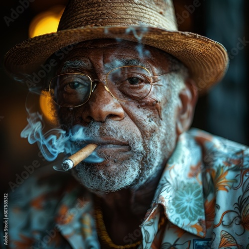 A handsome man with his head bowed, wearing a hat, holding a cigar and wearing a leather coat, meditating in the rain, half-length