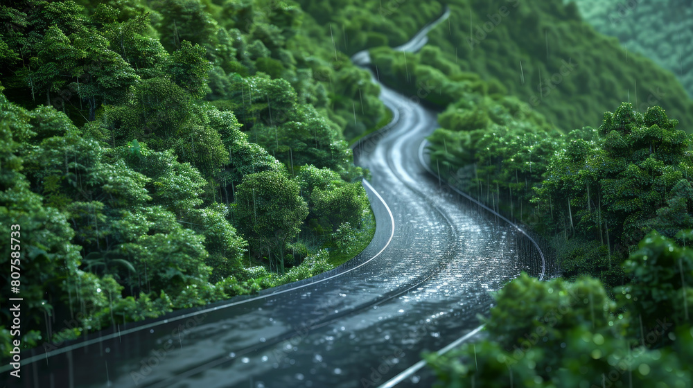 A road with a curve and trees in the background