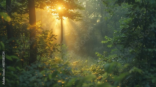 Sunlight filters through the trees in a misty autumn forest
