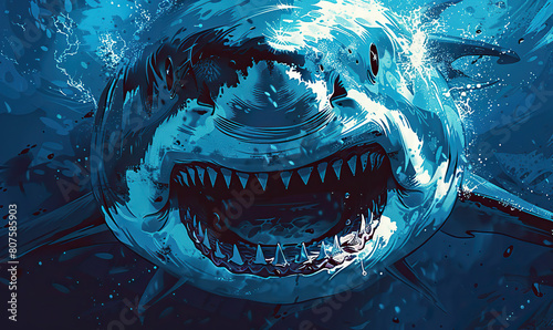 A vivid digital painting of a great white shark lunging through water. Generate AI