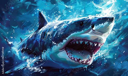 A vivid digital painting of a great white shark lunging through water. Generate AI