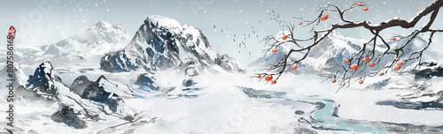 Hand drawn winter snow scenery, ink wash landscape painting, winter solar term background