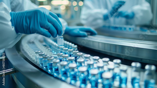 A person is holding a blue bottle in a factory