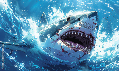 A vivid digital painting of a great white shark lunging through water. Generate AI