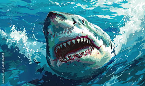 A vivid digital painting of a great white shark lunging through water. Generate AI