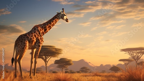 A graceful giraffe towering over the African landscape,  photo