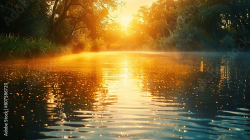 serene beauty of a sunrise reflected in the calm waters of a tranquil lake