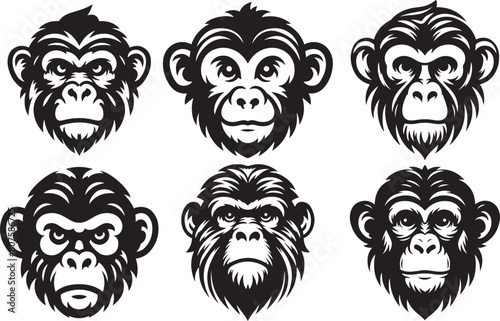 Funny monkey head set silhouette vector illustration. Angry monkey face bundle.