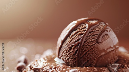 Rich chocolate ice cream beginning to melt, with a glossy sheen, set against a warm light brown background photo