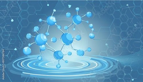 blue molecule atoms structures on blue liquid serum background. Science Molecular water drop DNA Model Structure Atoms bacgkround Medical photo