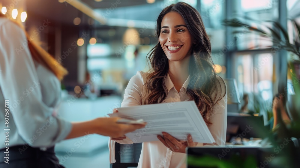 businesswoman smiling as she hands over a file to a client, signifying a successful transaction. The background features a bustling office environment, businesswoman smiling as she hands over a file to a client, signifying a successful transaction. The background features a bustling office environment,