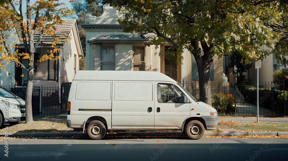 Obraz premium a white delivery van in a suburban street. a delivery man wearing white uniform taking a cardboard box from the van