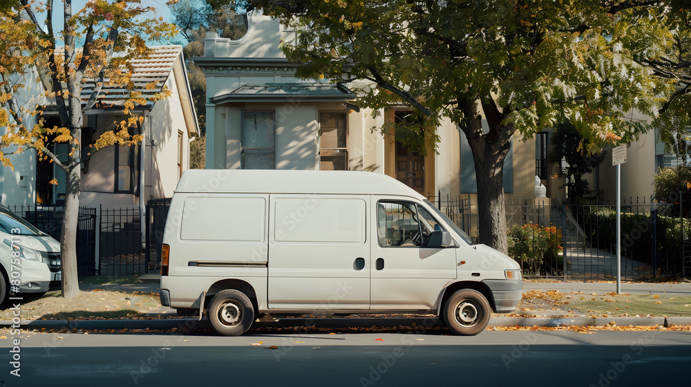a white delivery van in a suburban street. a delivery man wearing white uniform taking a cardboard box from the van