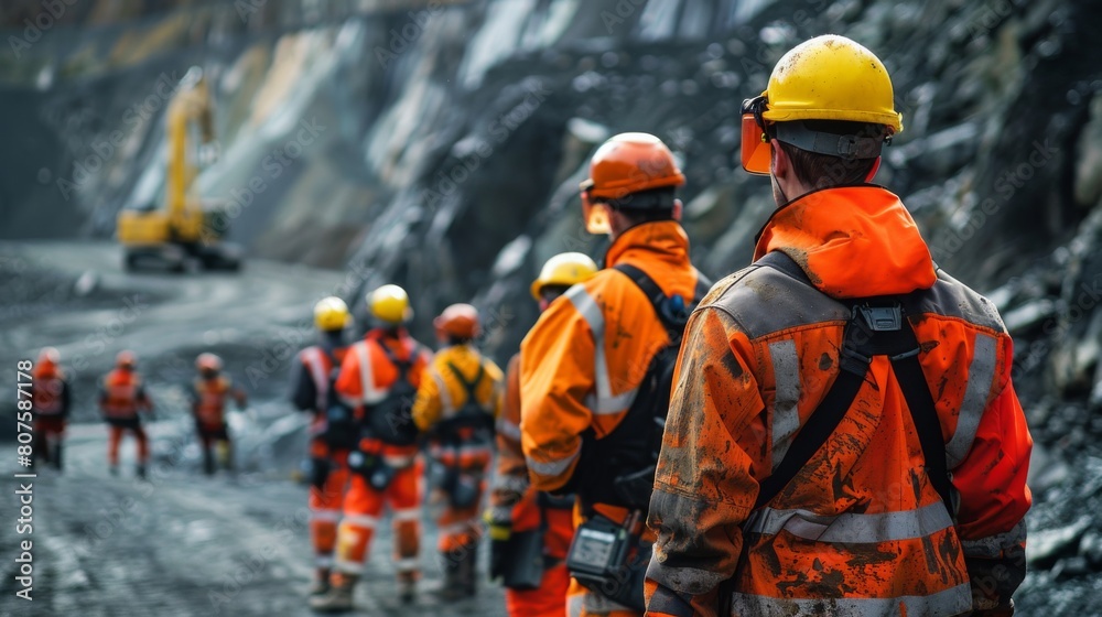 Safety Measures, Mining personnel in safety gear during a safety briefing or training session, emphasizing the importance of worker safety. Safety Measures, Mining personnel in safety gear during a safety briefing or training session, emphasizing the importance of worker safety.