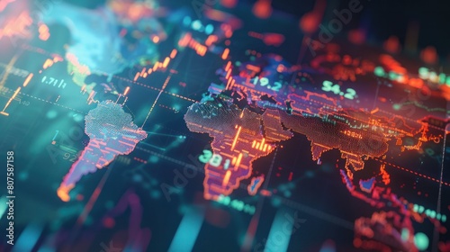  global stock market chart superimposed onto a world map, highlighting the geographical diversity of global economies. 