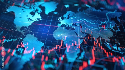  global stock market chart superimposed onto a world map, highlighting the geographical diversity of global economies. 