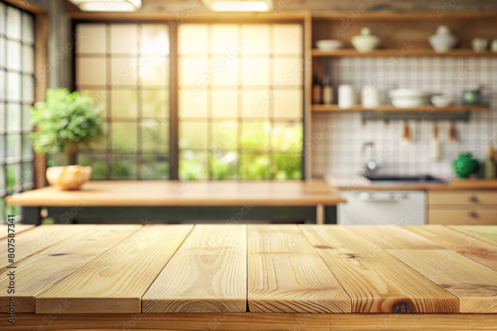 Fototapeta premium Wooden top with blurred empty japan kitchen background can be used for mocking up or display product to make advertising.