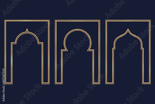 Ramadan Islamic arch frame. Vector Muslim traditional door illustration for wedding invitation post and templates. Golden frames in oriental style. Persian windows shapes set. photo
