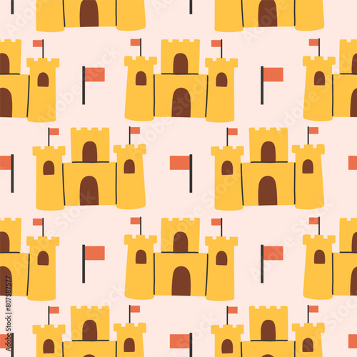Summer sand castle pattern. Flat seamless pattern. Simple sand castle. Cartoon design. Flat vector illustration.