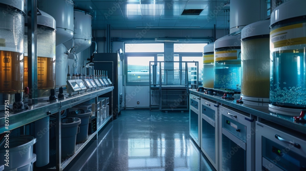 Obraz premium Secondary Treatment, Biological reactors with microorganisms breaking down organic matter, viewed from a control room.