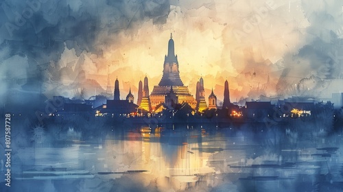 Atmospheric watercolor of a temple skyline reflecting in water, blending warm lights with cool tones.