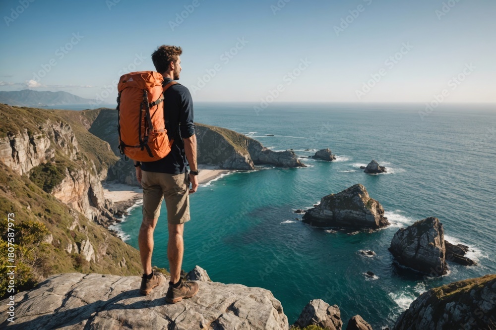 Male backpacker standing on rock cliff overlooking ocean