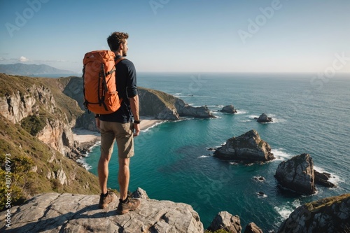 Male backpacker standing on rock cliff overlooking ocean