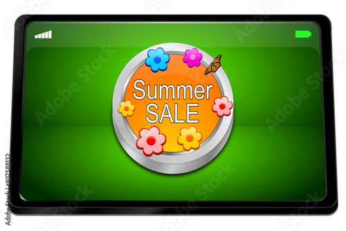 Tablet computer with Summer Sale Button - 3D illustration