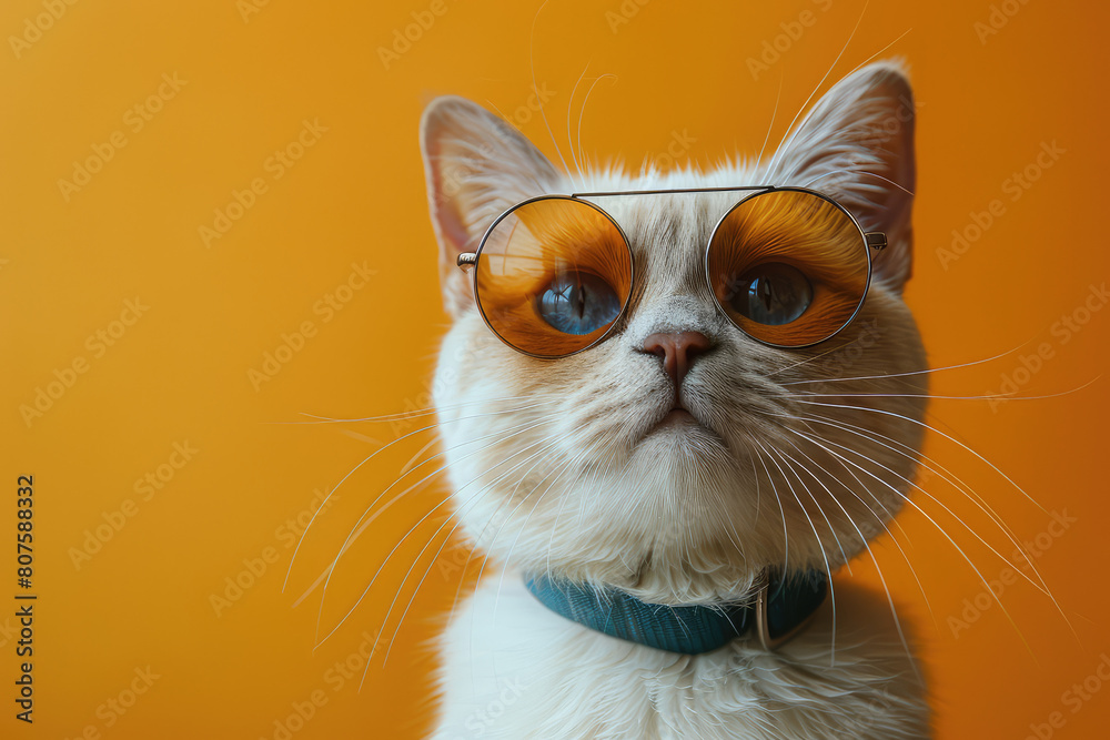 A cute cat wearing glasses with a solid color background. Created with AI