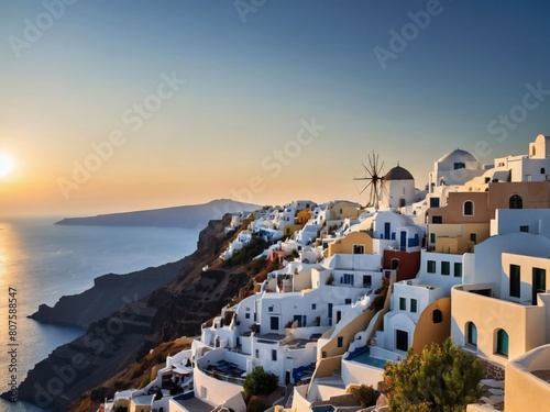 Greece's Coastal Charm, Panoramic Santorini Background for Your Summer Escapes